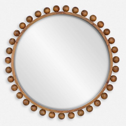 Cyra Wood Round Mirror, Walnut