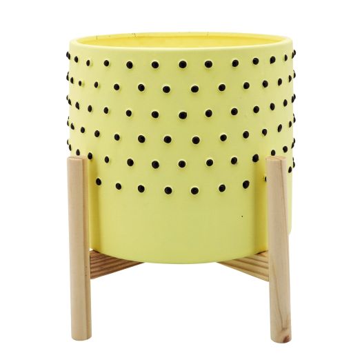 10 DOTTED PLANTER W/ WOOD STAND, YELLOW