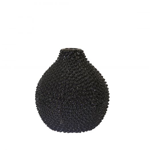 EC, GLOSS BLACK SPIKED CERAMIC VASE 8"