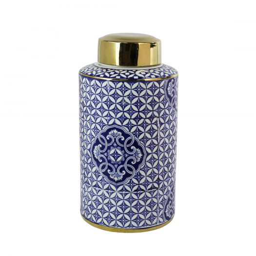 Decorative Ceramic Covered Jar, Blue/White/Gold