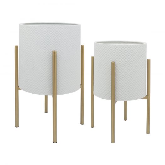 S/2 DIAMOND PLANTER ON METAL STAND, WHITE/GLD
