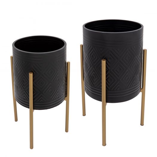 S/2 Aztec Planter On Metal Stand, Black/Gold