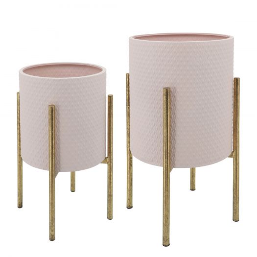 S/2 Textured Planter On Metal Stand, Pink/Gold