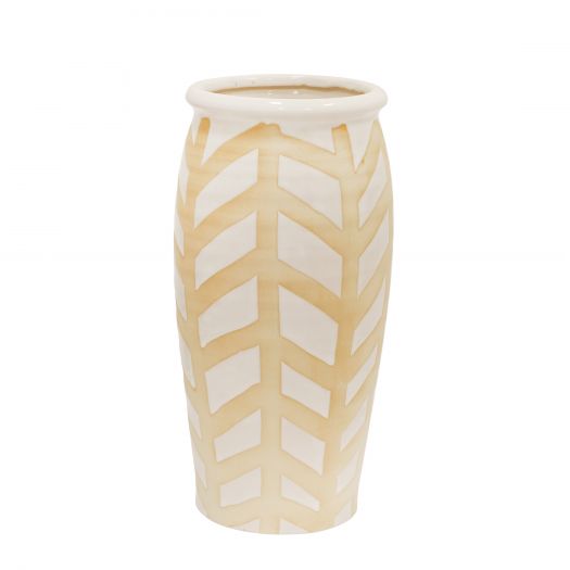 CERAMIC CHEVRON VASE 14", WHITE/BEIGE