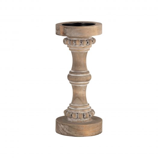 Wood, 11" Banded Bead Candle Holder, Antique White