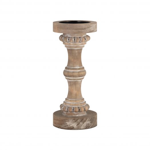 Wood, 11" Banded Bead Candle Holder, Antique White