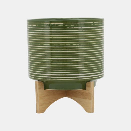 CERAMIC 10" PLANTER ON WOODEN STAND, OLIVE