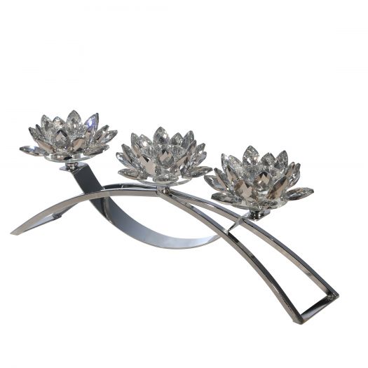 METAL/GLASS 16" 3 LOTUS VOTIVECANDLE HOLDER, SILVE