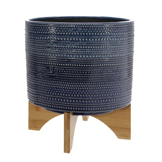 11" Dotted Planter W/ Wood Stand, Blue