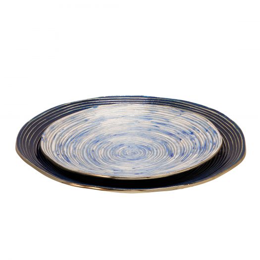 S/2 DECORATIVE METAL SWIRL TRAY, BLUE/MULTI