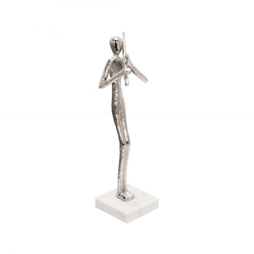 15" FLUTE MUSICIAN ON MARBLE BASE, SILVER