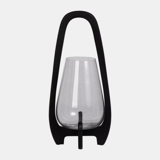 18"H GLASS LANTERN W/ WOOD HANDLE, BLACK