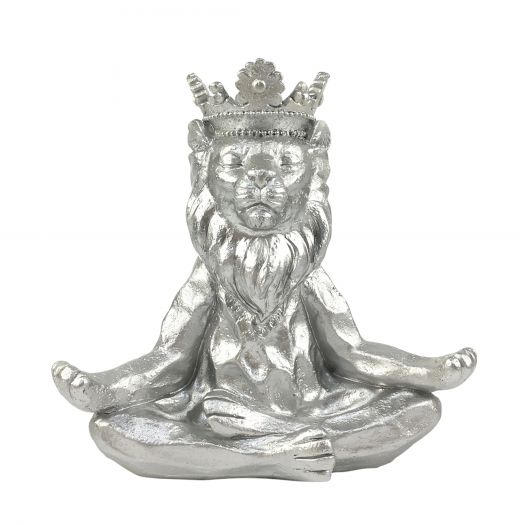 Resin 7" Yoga Lion W/ Crown, Silver