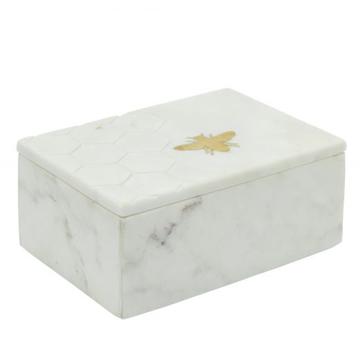 Marble 7X5 Marble Box W/ Bee Accent White