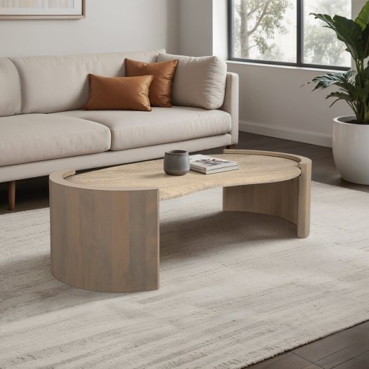 16 Leiona Travertine And Wood Coffee Table