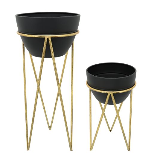 Contemporary Black Metal Planter with Gold Trim