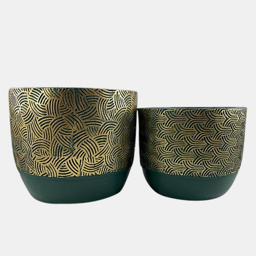 Resin, S/2 10/13"D Swirl Planters, Green/Gold