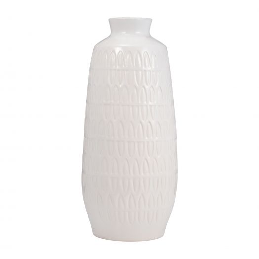 CER, 15"H CARVED VASE, WHITE