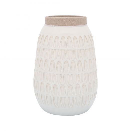 CER, 8"H CARVED VASE, BEIGE