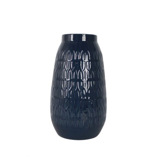 CER, 12"H CARVED VASE, NAVY BLUE