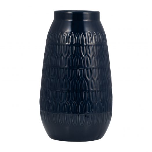 CER, 12"H CARVED VASE, NAVY BLUE