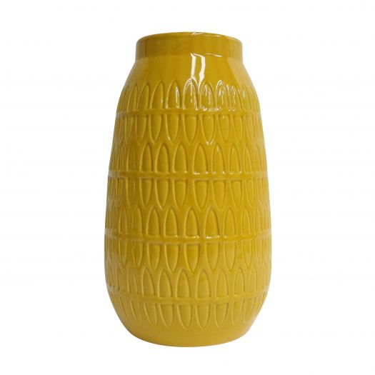 CER, 12"H CARVED VASE, MUSTARD GOLD