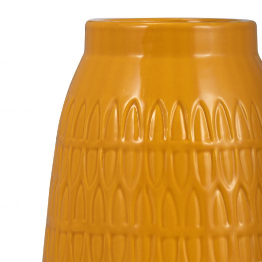 CER, 12"H CARVED VASE, MUSTARD GOLD