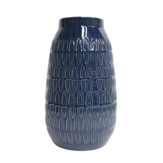 CER, 10"H CARVED VASE, NAVY BLUE