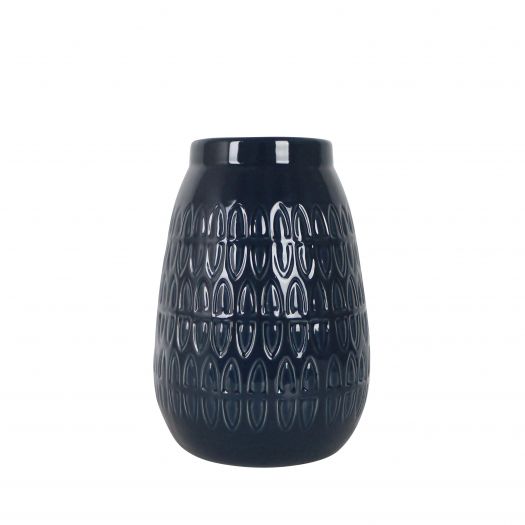 CER, 8"H CARVED VASE, NAVY BLUE