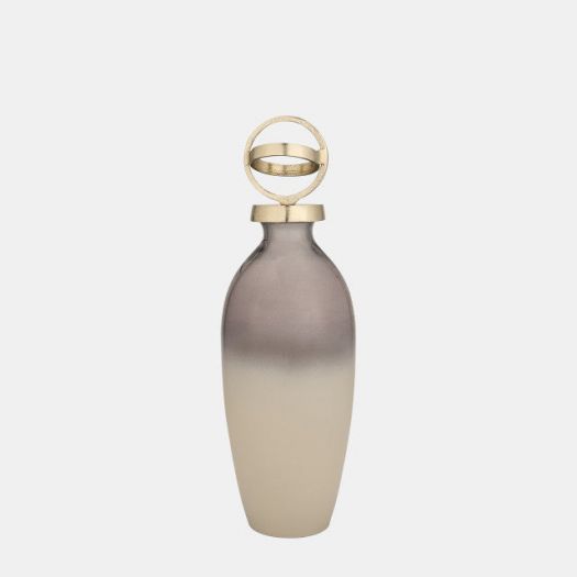 GLASS,16",BOTTLE W/SPHERE LID,WHITE/GOLD