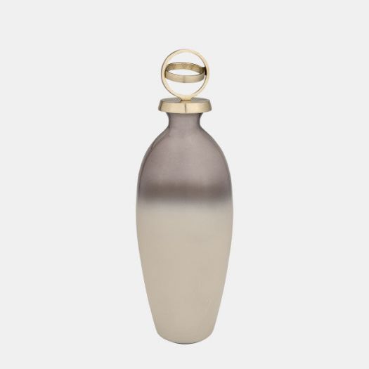 GLASS,20",BOTTLE W/SPHERE LID,WHITE/GOLD