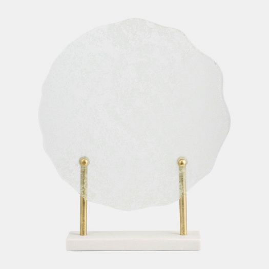 METAL,21"H,SPECKLED GLASS DISC ON MARBLE STAND,WHI