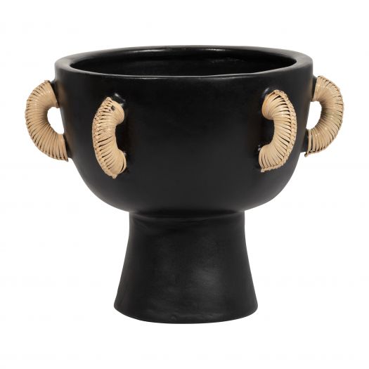 TERRACOTTA, 11"H EARED BOWL ON STAND VASE, BLACK