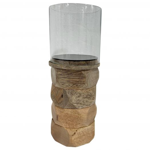 WOOD, 10" STACKED HEXAGON PILLAR HURRICANE, NATURA