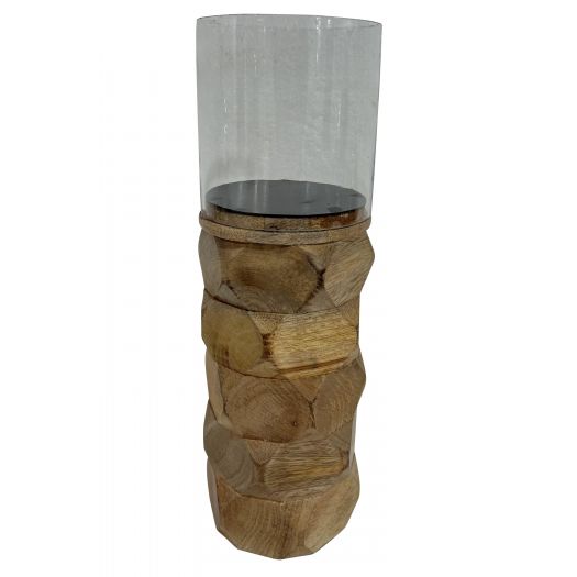 WOOD, 12" STACKED HEXAGON PILLAR HURRICANE, NATURA