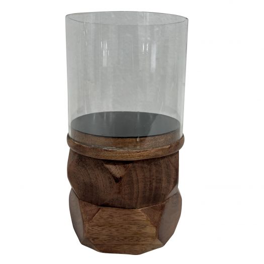 WOOD, 8" STACKED HEXAGON PILLAR HURRICANE, BROWN