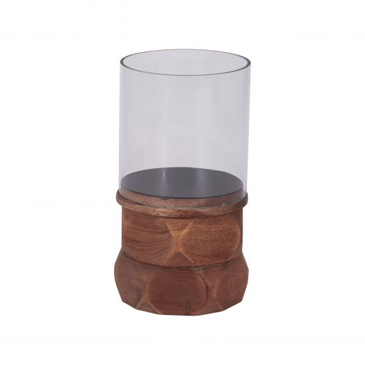 WOOD, 8" STACKED HEXAGON PILLAR HURRICANE, BROWN