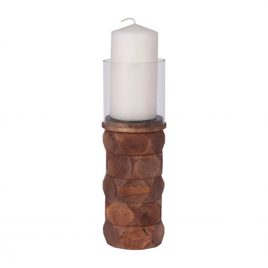 WOOD, 12" STACKED HEXAGON PILLAR HURRICANE, BROWN