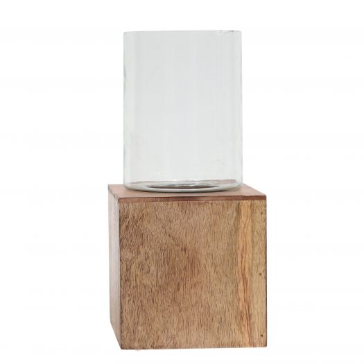 WOOD, 13" SQUARE BASE PILLAR HURRICANE, NATURAL