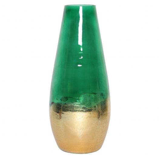 GLASS, 11" GOLD DIPPED VASE, GREEN