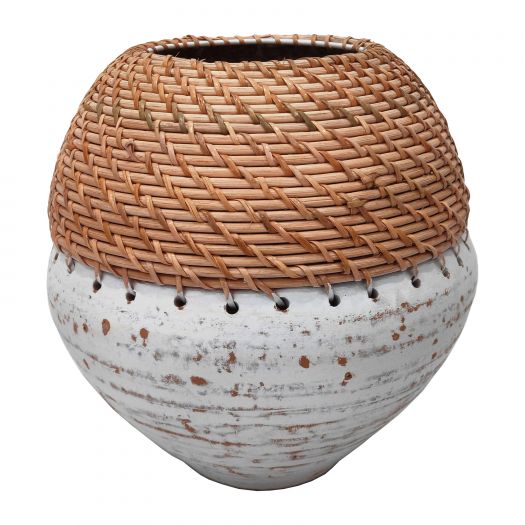 CLAY, 9" VASE WITH WOVEN TOP, WHITE/NATURAL