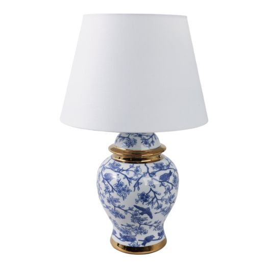 19 Chinoiserie Birds Table Lamp Gold Trim, White/
