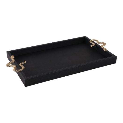 19x12 Faux Leather Snake Tray, Black/gold