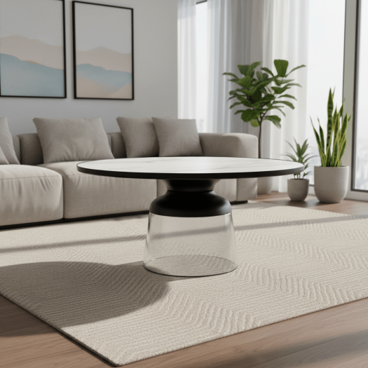 34" Glass Coffee Table Marble Top, White/clear, Kd