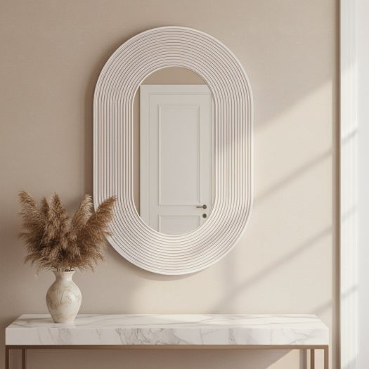 36 RIBBED OVAL MIRROR, WHITE ANTIQUE