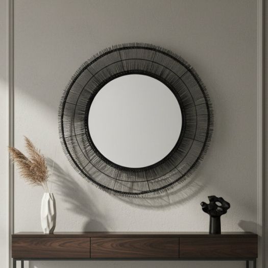 43 ROUND WIRE WALL ART W/ MIRROR, BLACK WB