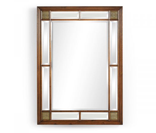 Rectangular Walnut Panelled Mirror with Brass Details