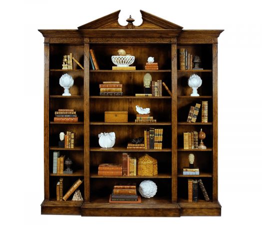 Windsor Collection - Triple Breakfront Walnut Open Bookcase with Pediment