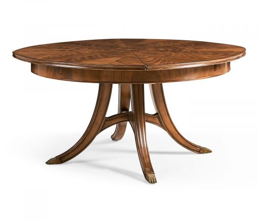 Windsor Collection - 59" Crotch Walnut circular dining table with self–storing leaves