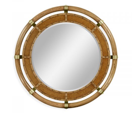 JC Edited - Voyager Collection - Circular Nautical Style Oak and Leather Mirror